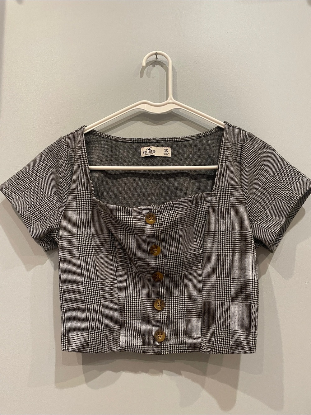 Hollister Gray Plaid Square-Neck Button Crop Top xs